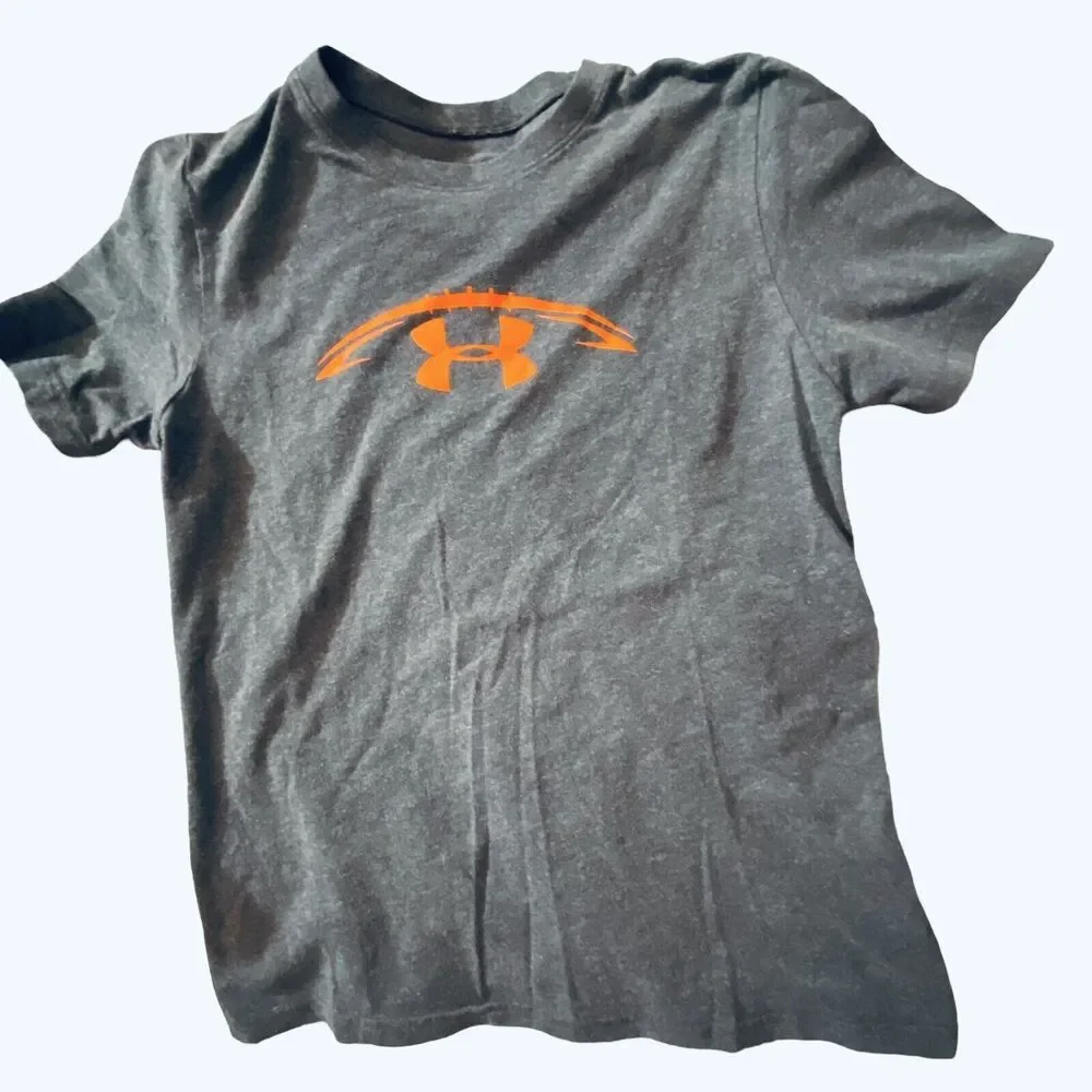 Under Armour Loose Heat Gear Football Big Logo Gray Short Sleeve T Shirt Sz YLG